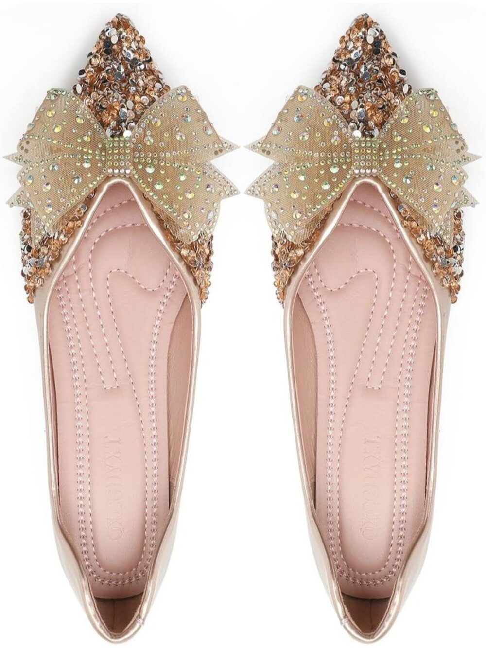 Women's Rhinestone Wedding Gold Flats Comfort Pointed Toe Ballet Flat Shoes - Picture 4 of 7